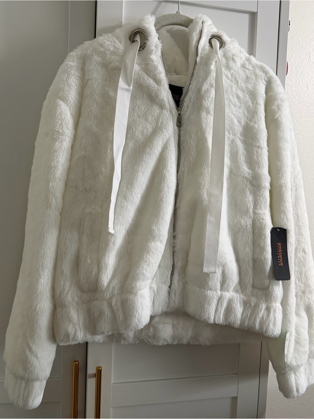 Ambiance White Faux Fur Hooded Puffer Jacket for Women